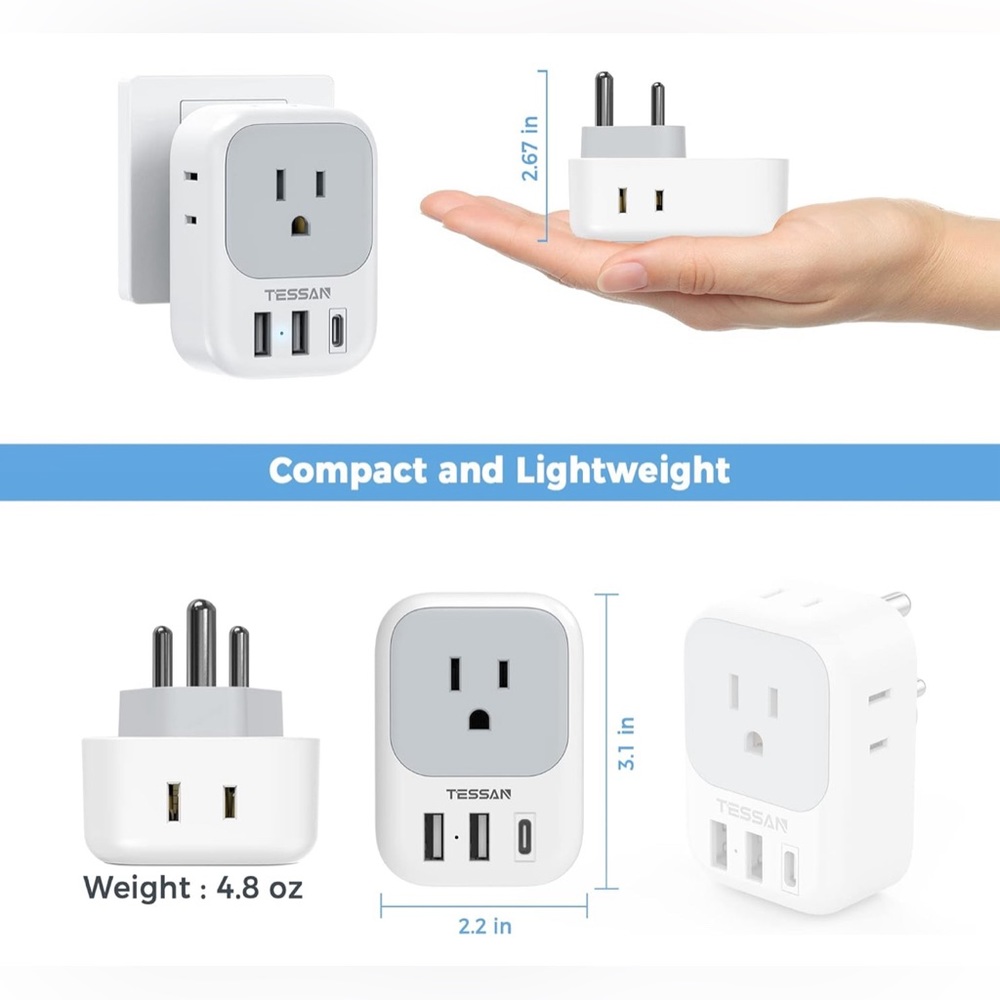 US to India Plug Adapter 2 Pack, TESSAN Adapter with 4 Outlets 3 USB Charger - Picture 4 of 13